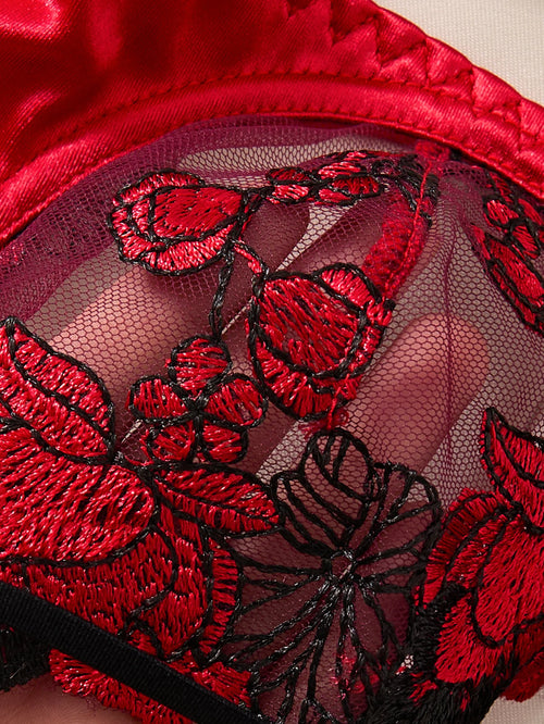 A set of sexy Red lingerie, including a bra and panties with daisy patterns, as well as a comfortable home-style