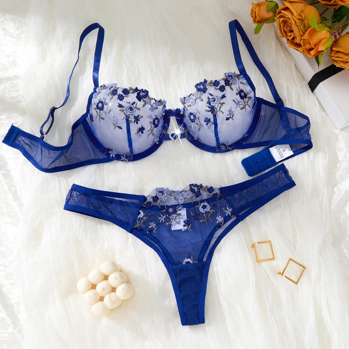 Blue Embroidered Floral Lingerie Set - Sexy Bra And G-string Combo with Heart Decoration Underwear Set for Women