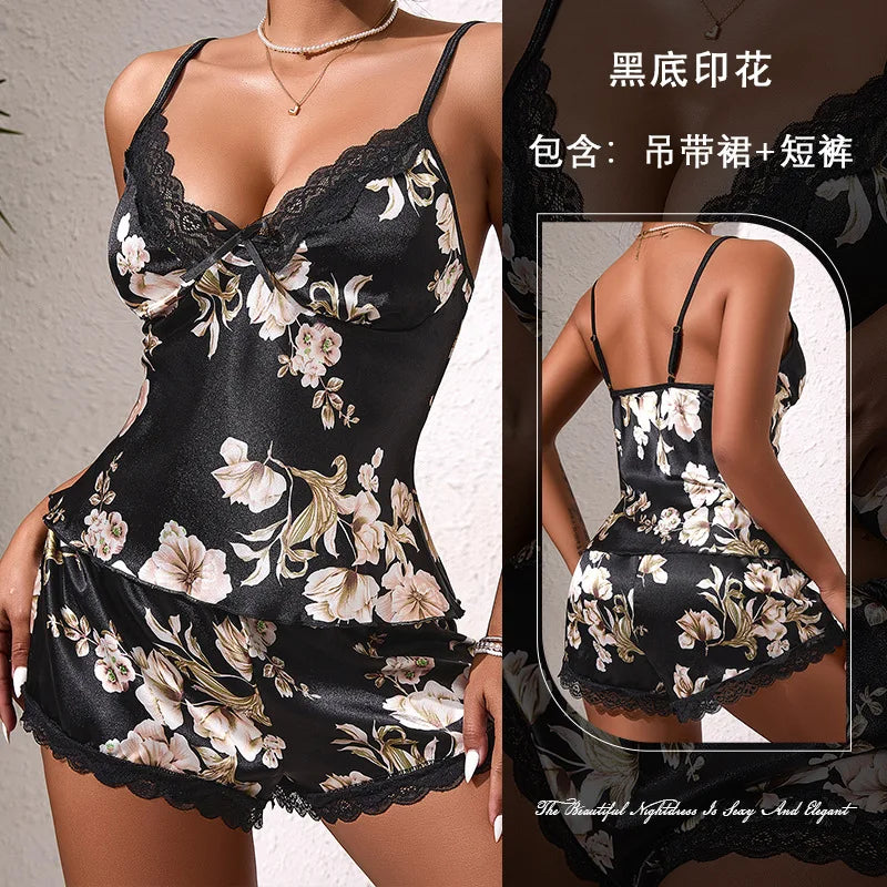 Printed Breathable Thin Women's Home Wear Silk Suspender Top Sexy Pajama Set