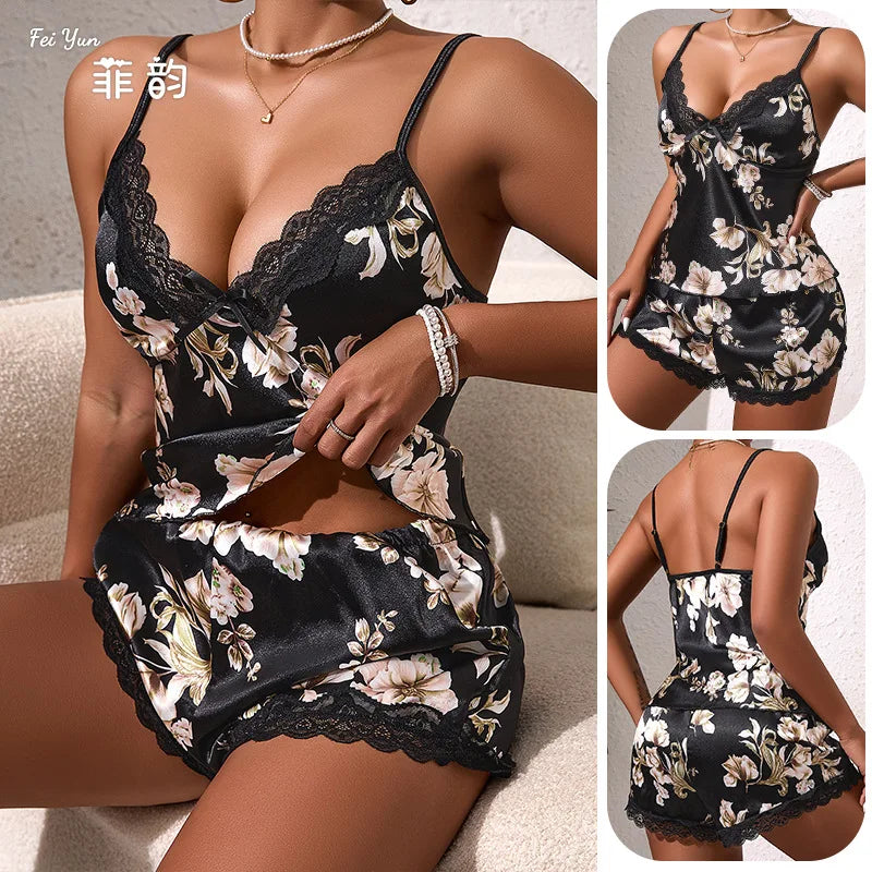 Printed Breathable Thin Women's Home Wear Silk Suspender Top Sexy Pajama Set