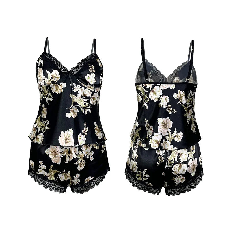 Printed Breathable Thin Women's Home Wear Silk Suspender Top Sexy Pajama Set