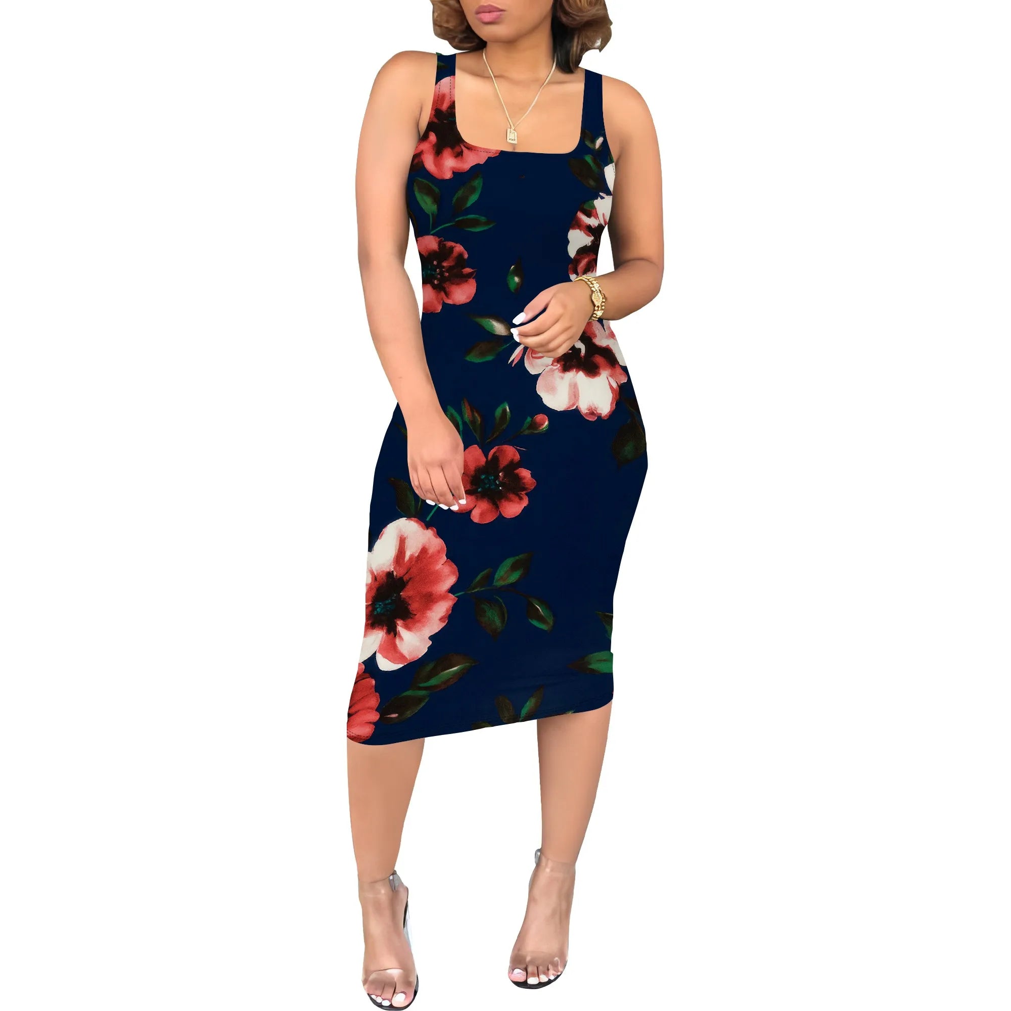 Women's Sexy Dress Summer Tank Sleeveless Ruched Midi Dresses Plue Size Bodycon Fitted Party Sundress Travel Vacation Outfits