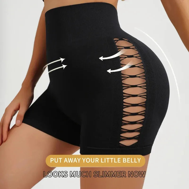 Sexy Side Hollowout Yoga Shorts Seamless Slim Shorts Outdoor Sports High Elastic High Waist Hip Liftting Gym Three Point Shorts