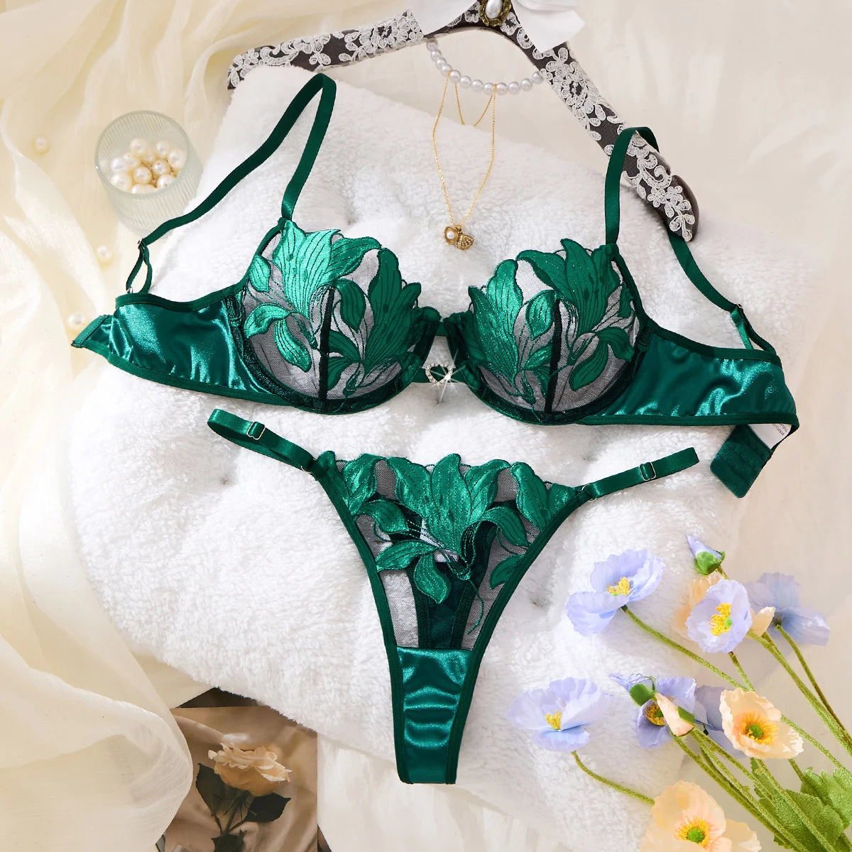 Green-colored embroidered print pajama set - A set featuring a floral design suitable for women, a sexy bra