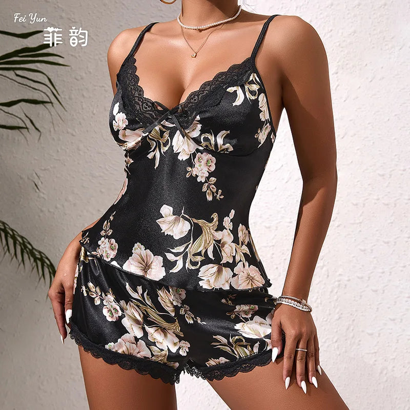 Printed Breathable Thin Women's Home Wear Silk Suspender Top Sexy Pajama Set