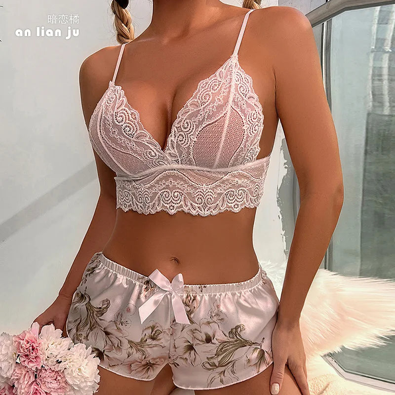Summer New Lace Pajama Set Sexy Suspender Two-piece Top Shorts for Women