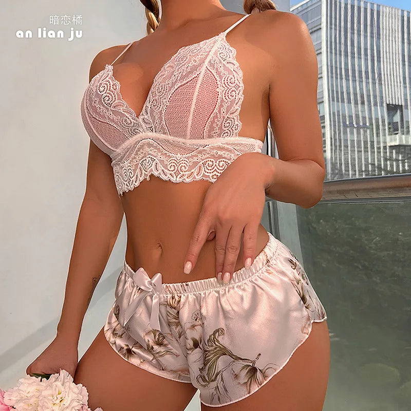 Summer New Lace Pajama Set Sexy Suspender Two-piece Top Shorts for Women